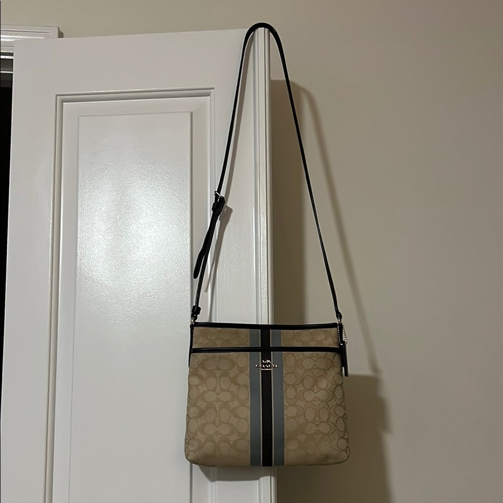 Coach Beige Canvas Crossbody Bag with Navy and Baby Blue Trim